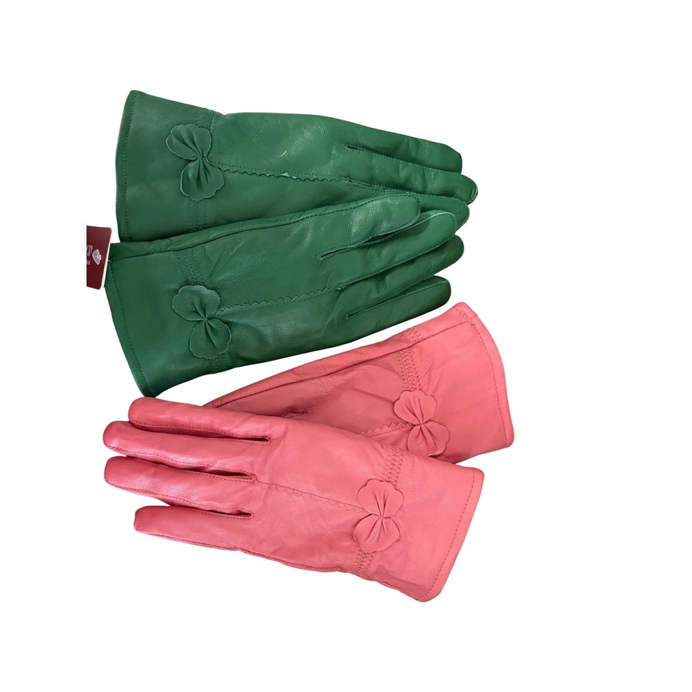 Tingyang Womens Leather Gloves Bow Accent Faux Fur Lined Pink Green Set of 2